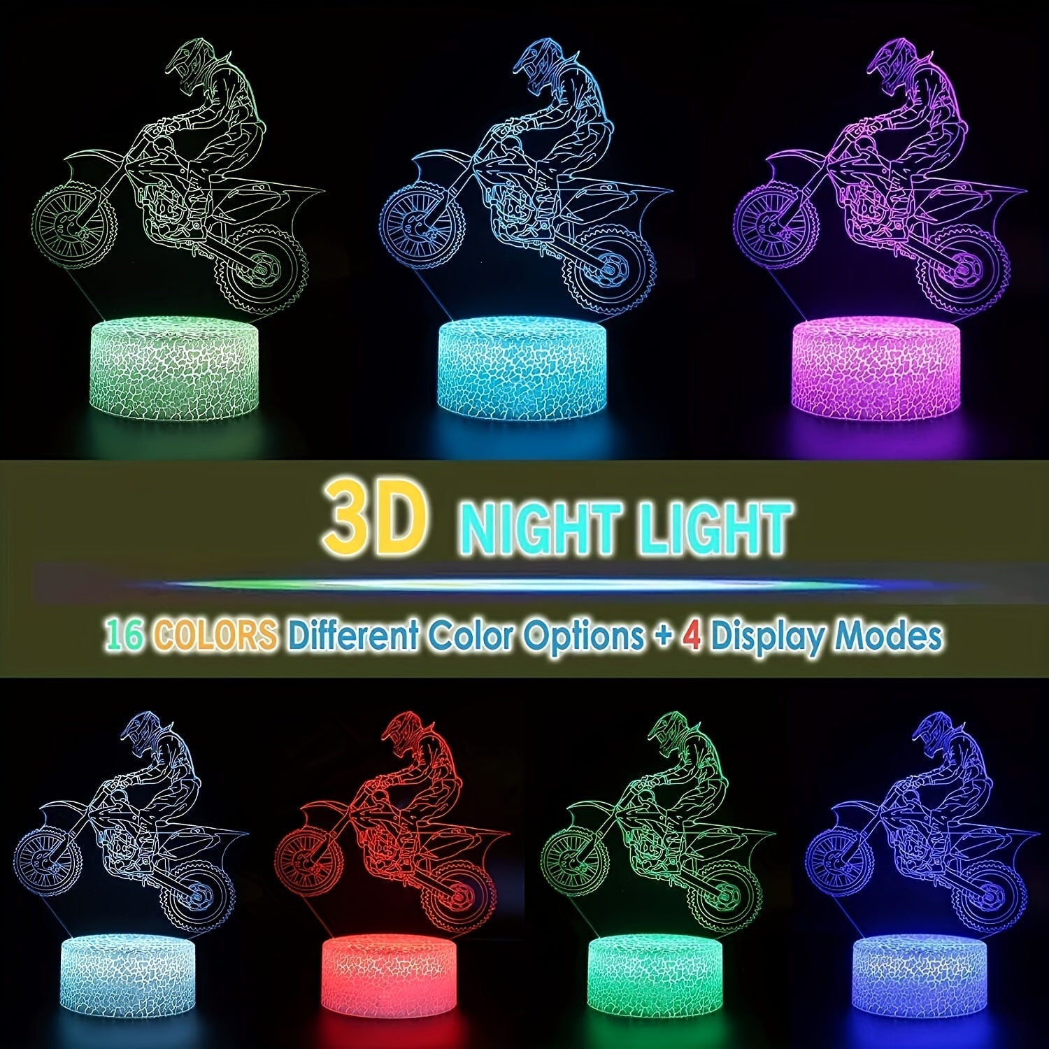 Motocross Night Light 3D with 16 Colors Touch Remote Control Gift for Boys and Friends