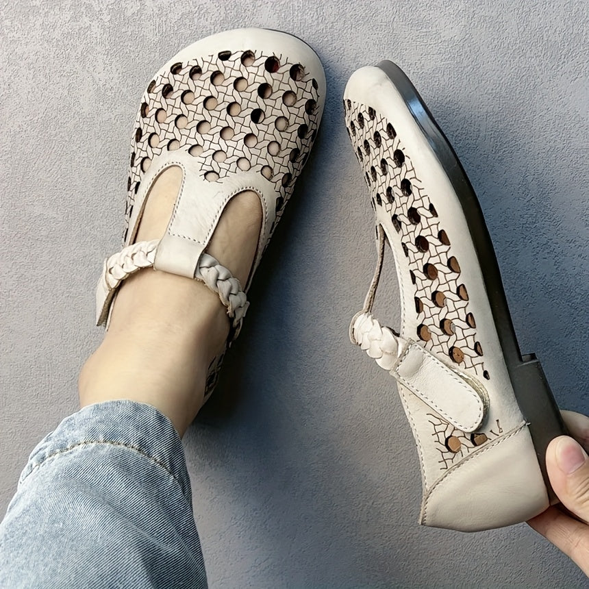 Women's Genuine Leather Mary Jane Flats with Adjustable T-Strap Breathable Summer Shoes
