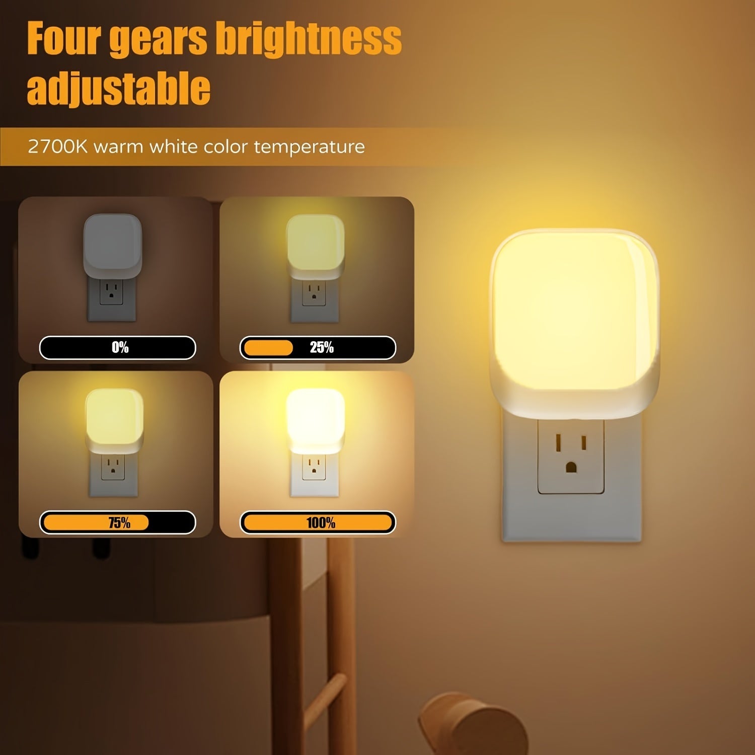 Plug-In Night Light with Dusk to Dawn Sensor and Three-Level Brightness for Bedroom Hallway Kitchen Bathroom