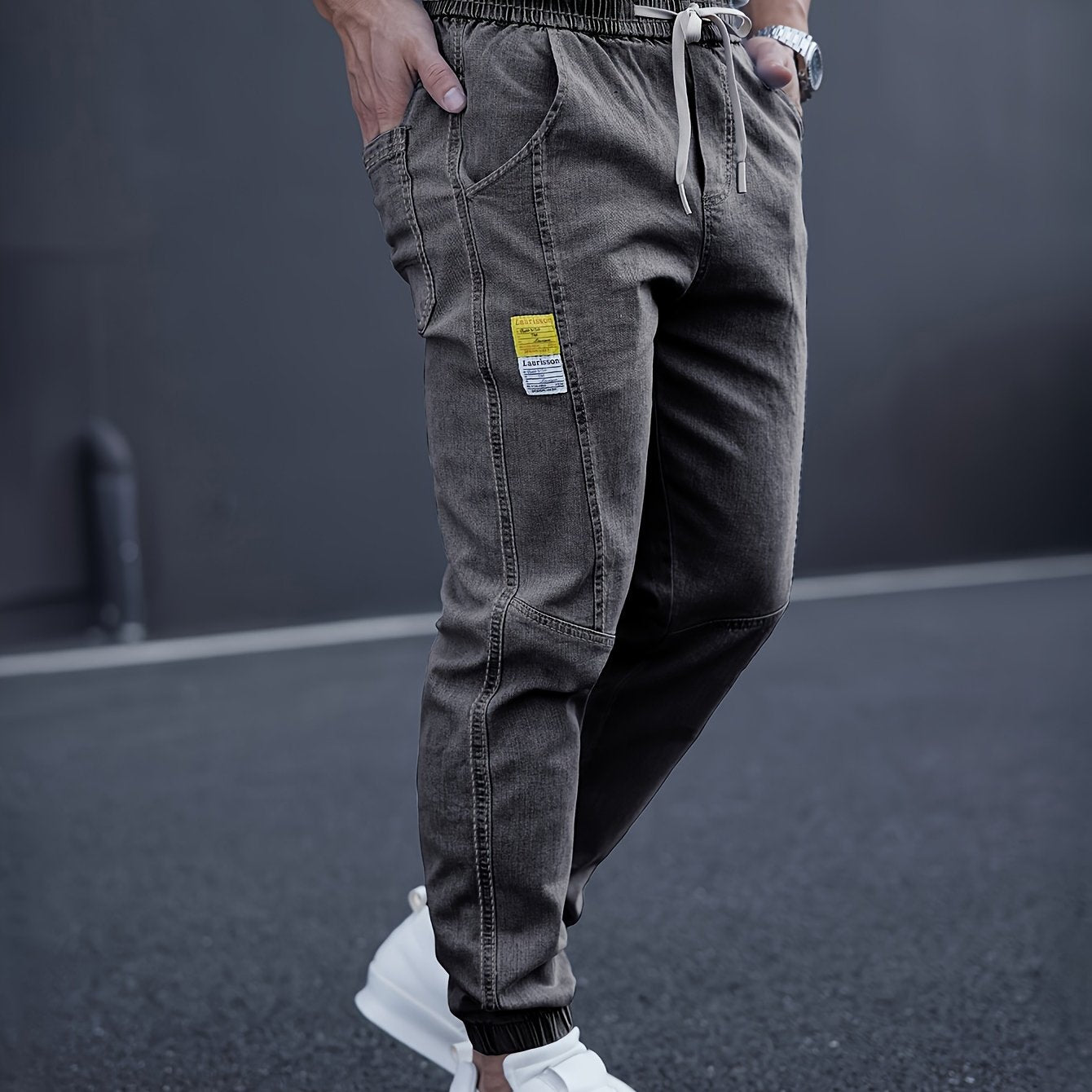 Men's Cropped Jogger Jeans with Elastic Waist Drawstring Utility Pockets Medium Stretch Denim