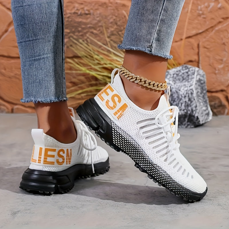 Women's Breathable Lightweight Knit Sneakers, Slip-Resistant PU Sole, Orange Accents