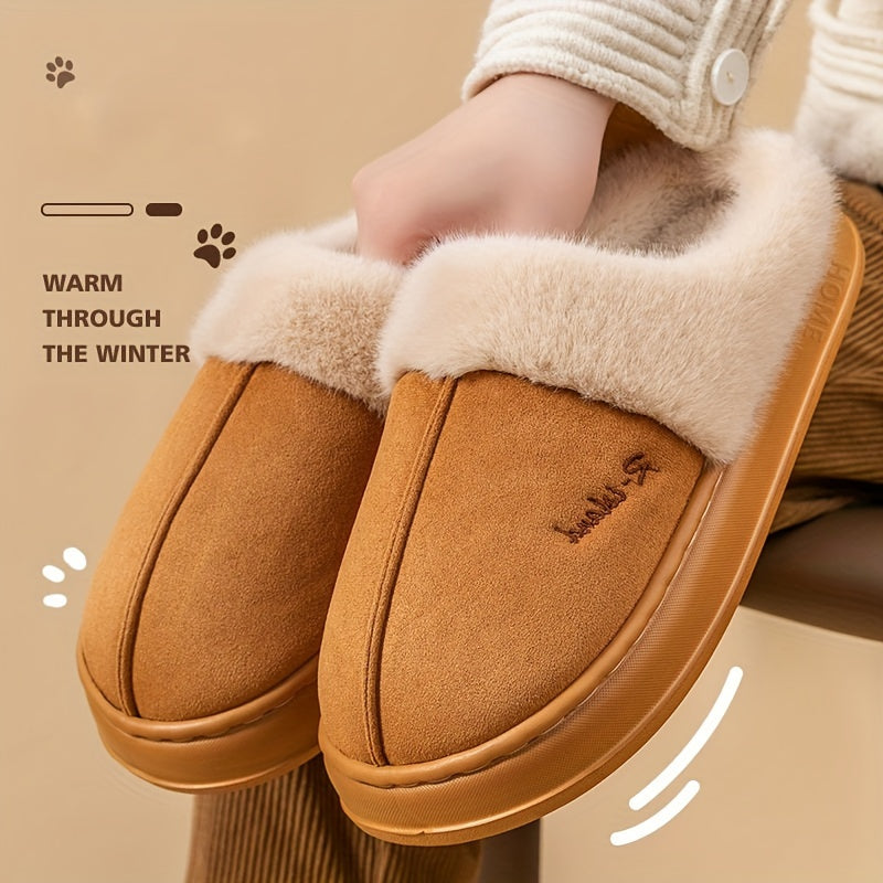 Vintage Plush Lined Round Toe Slippers for Winter Indoor Comfort