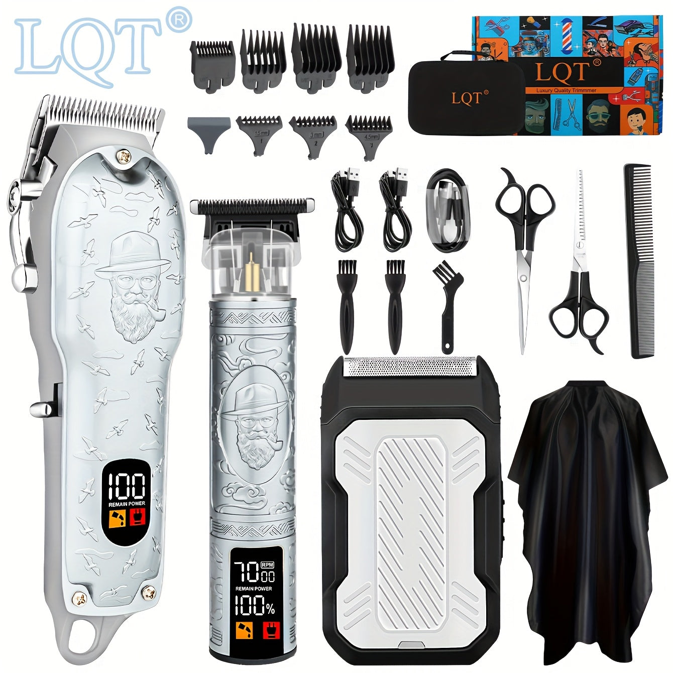 3pcs Professional Hair Clipper Set USB Rechargeable Electric Razor Beard Trimmer Digital Display includes Scissors Comb Cleaning Brush Wireless Men