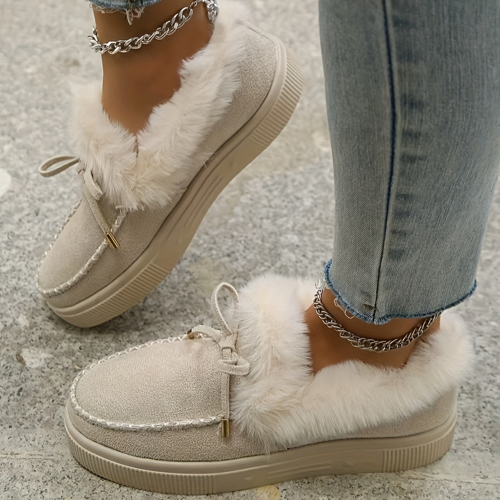 Женские утеплённые сапоги-слипоны с плюшевой подкладкой и бантом-брелоком, искусственный мех