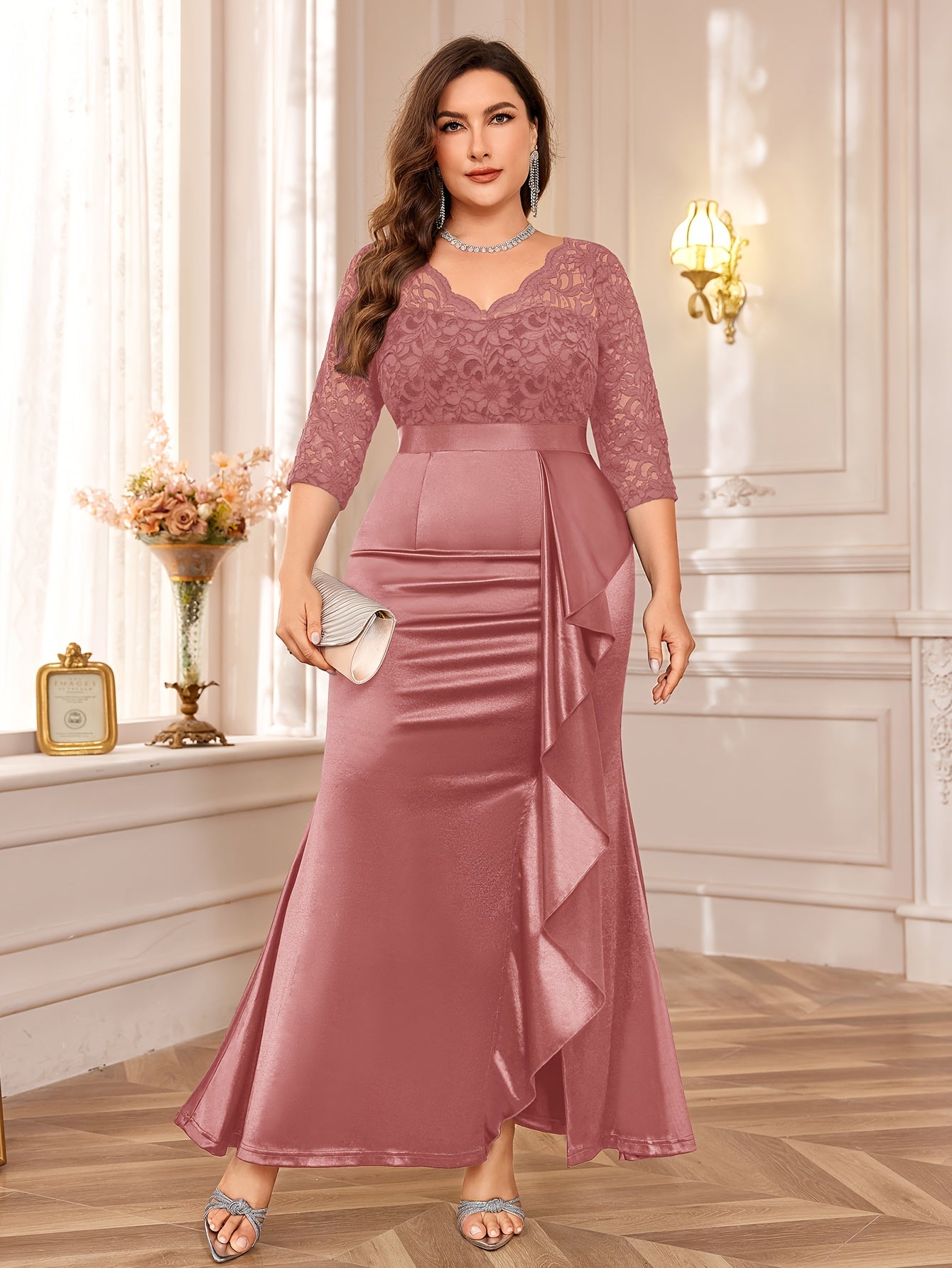 Women Navy Blue Lace-Trim V-Neck Mermaid Gown Ruffle Side Slit