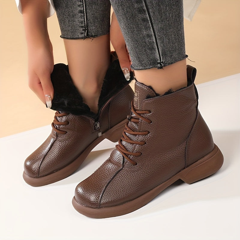 Ayollar uchun qisqa tizza o'rta qoplamali botinkalar, issiqlik uchun qoplangan, vintage uslub, qish