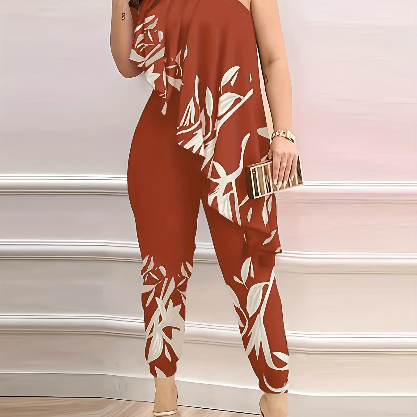 Women Sleeveless Jersey Jumpsuit with Ruffle Floral Print in Green