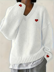 Plus Size Women's V-Neck Sweater with Red Heart Decorations Cozy Fall Winter Pullover