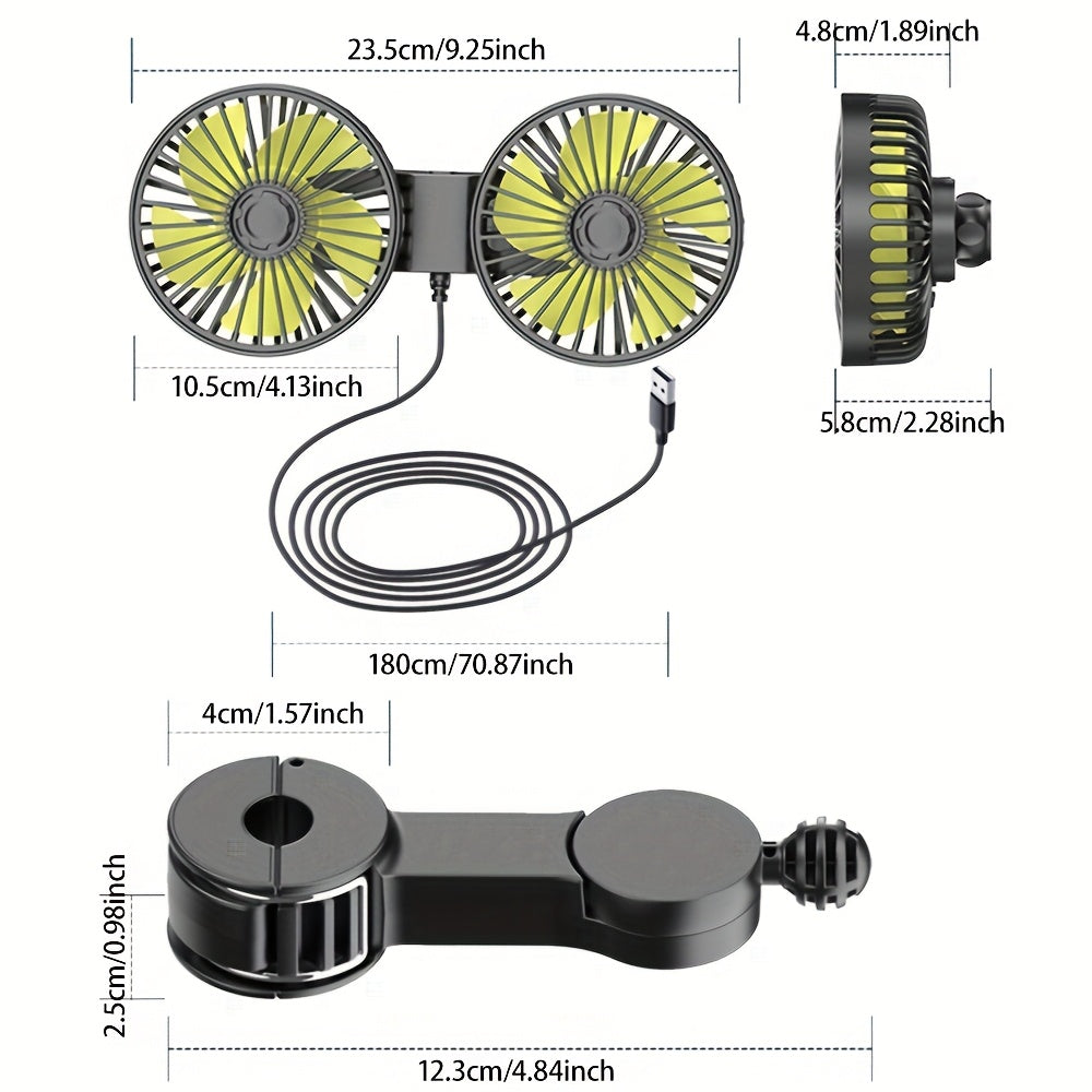 2-in-1 Portable Car Air Circulator Fan Dual-Head USB Powered Adjustable