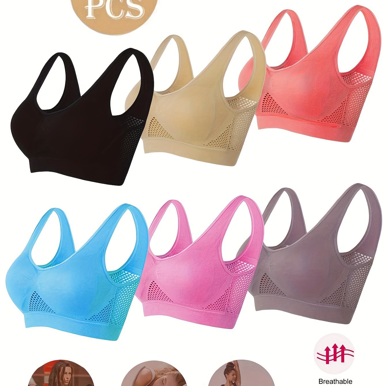 Women’s Plus Size Seamless Sports Bras 6-Pack V-Neck Removable Pads