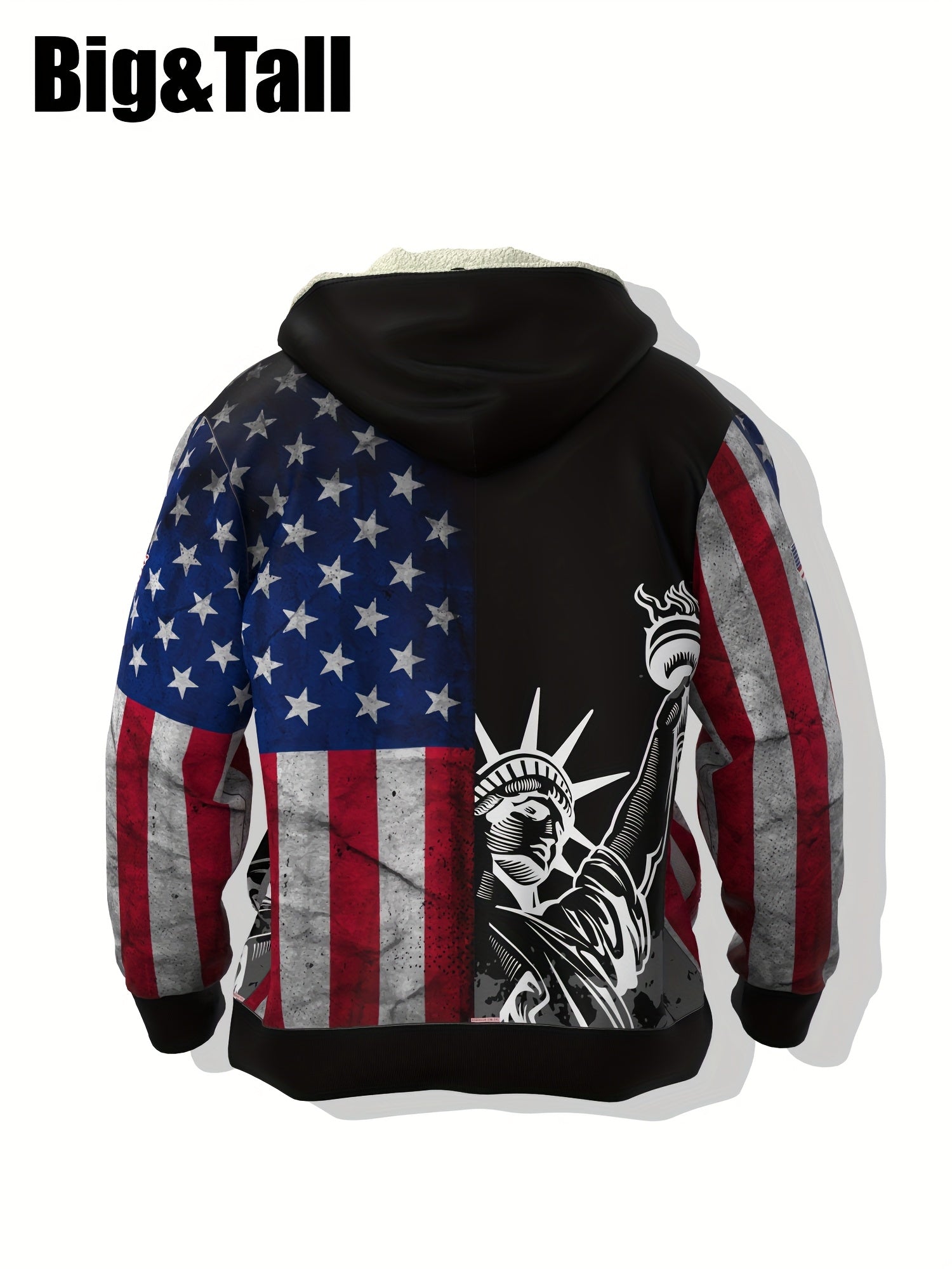 Erkaklar uchun Amerika bayrog'i va Ozodlik haykali printi bilan bezatilgan kapüşonli patriotik kurtka, katta va baland o'lchovlar, shamol to'suvchi uslub, polyester bilan astarlangan, tasodifiy, qo'l bilan yuvish yoki quruq tozalash, plus o'lchov.