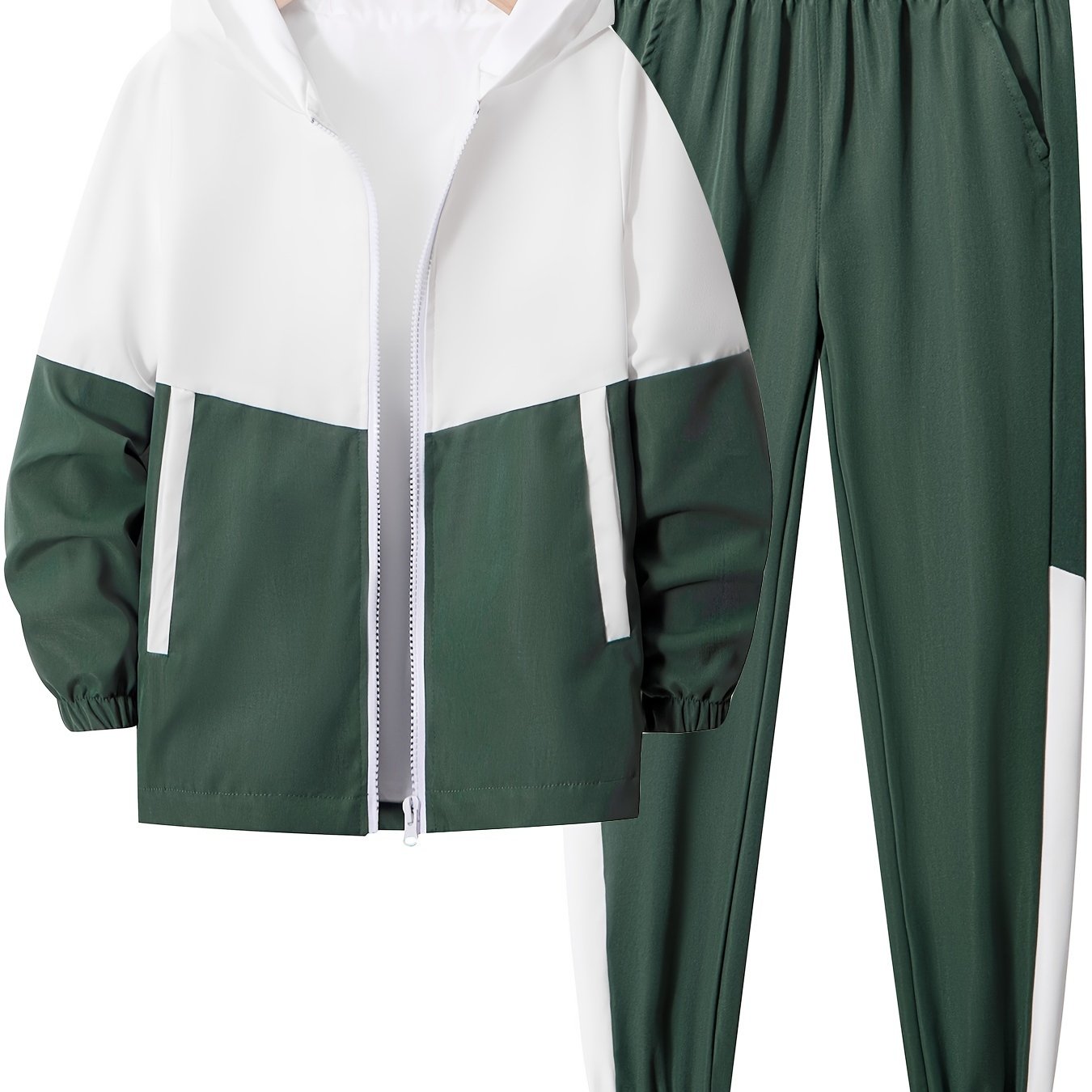 Boys' Color Block Hooded Tracksuit Set - 100% Polyester Long Sleeve Pockets Spring Fall