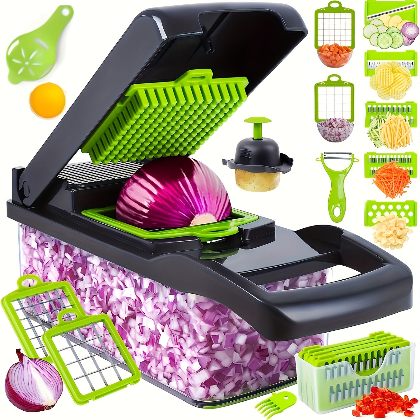 Multi-Functional Manual Vegetable Chopper with Drain Basket and Hand Protector