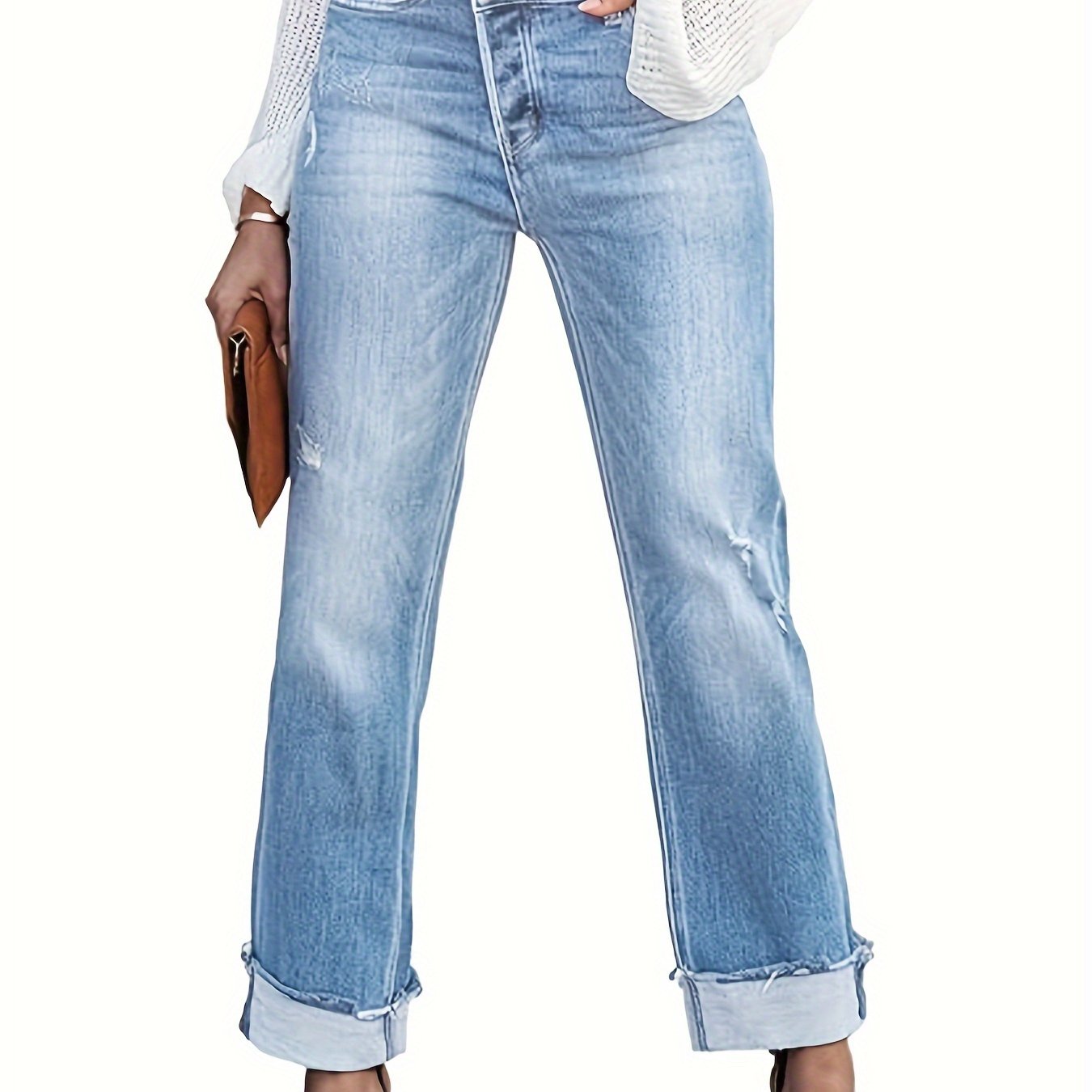 Ayollar uchun katta o'lchamdagi buzilgan yuvilgan, bukilgan krepli yengil to'g'ri chiziqli jinsi shimlar, kuz uchun