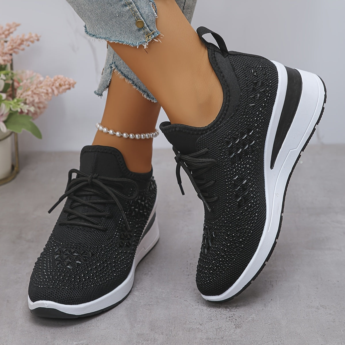 Women's Rhinestone Sneakers Black Casual Low-Top Lace-Up Comfort Footwear