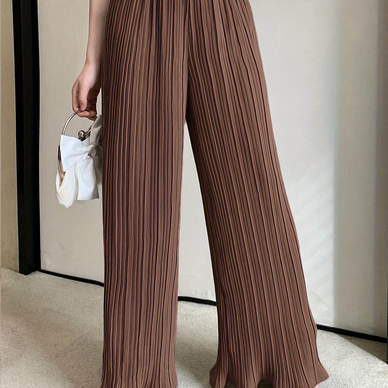 Women's Plus Size Wide-Leg High-Waisted Pants Elastic Waist Pleated
