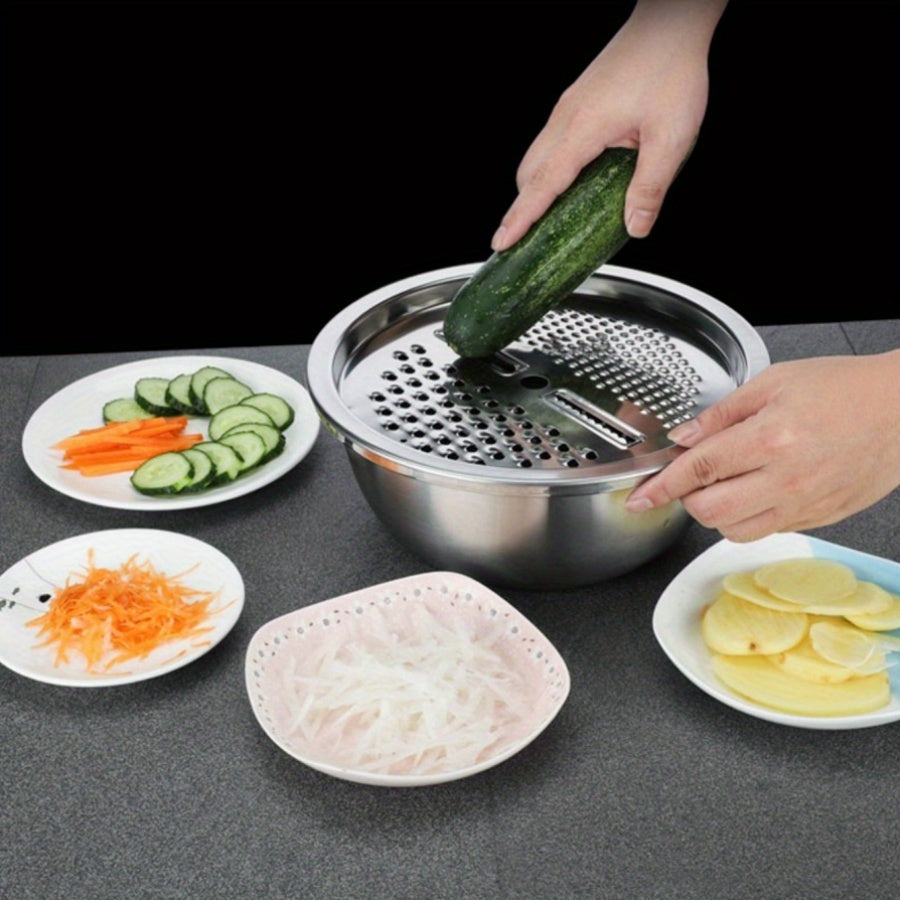 Stainless Steel Kitchen Grater Set with Draining Bowl and Mandoline Slicer
