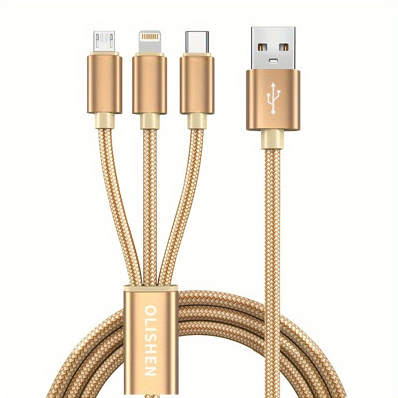 3-in-1 Nylon Braided USB Charging Cable with Fast Charging for iPhone, Samsung, Xiaomi