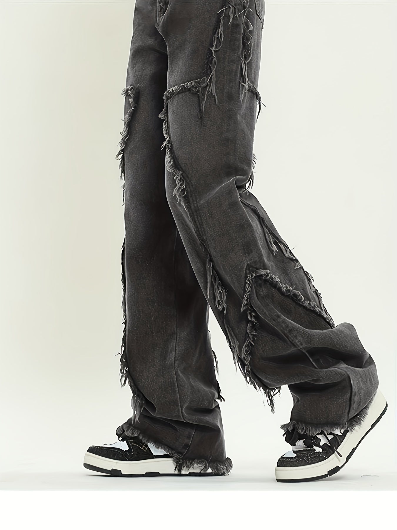 Men's Black Frayed Hem Wide-Leg Jeans 80% Cotton Relaxed Fit Casual Pants