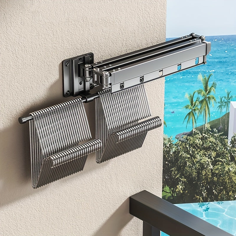Aluminum Alloy Wall Mount Clothes Drying Rack with Hooks Space-Saving Retractable Clothesline