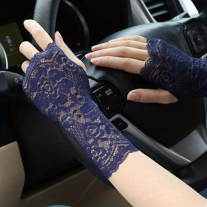 Geometric Lace Half Finger Wrist Sleeves with Thumb Hole for Summer Sunscreen Protection