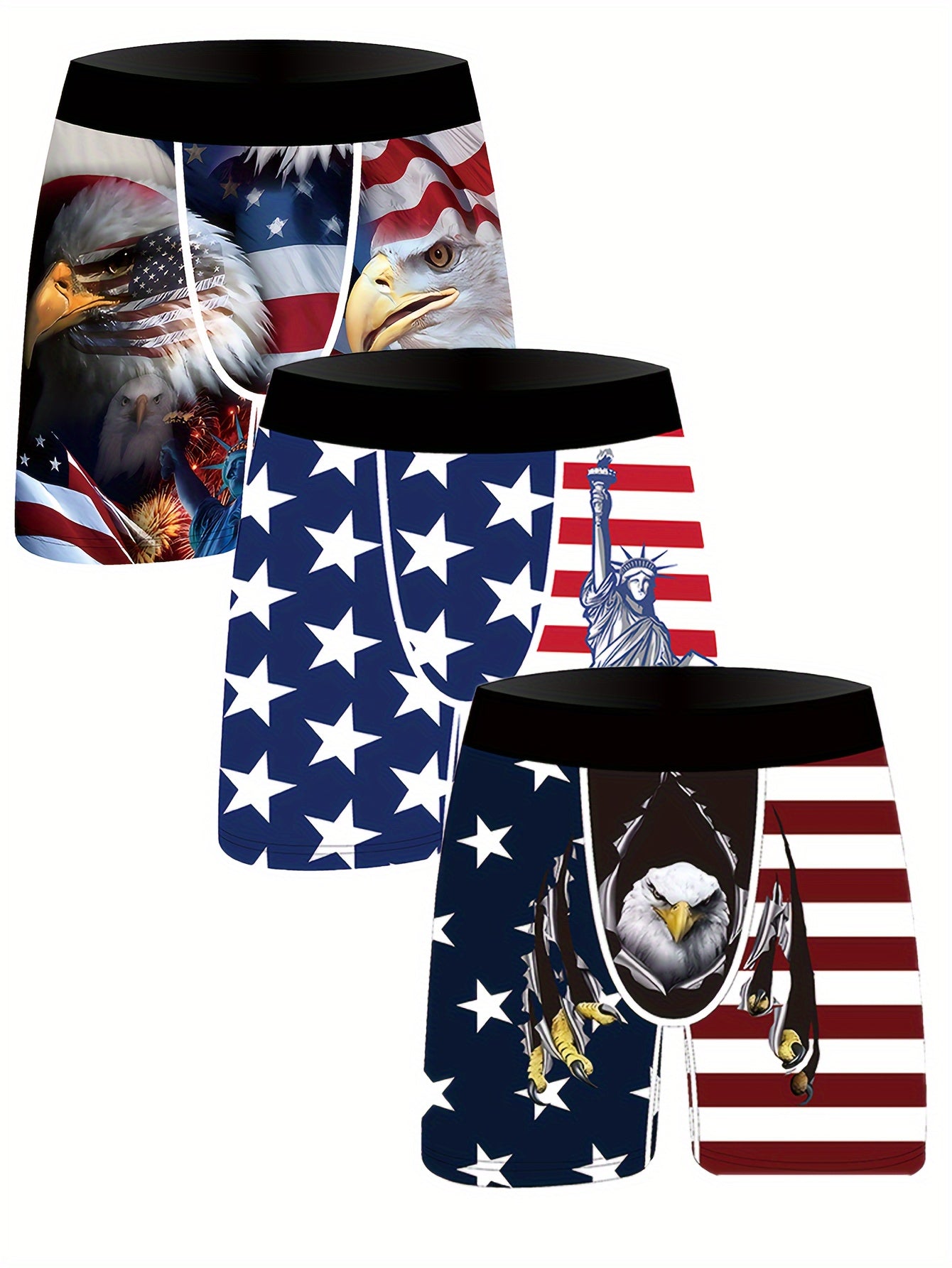Erkaklar uchun 3 ta to'plam, patriotik multfilm printli boxer shortlar, 95% polyester va 5% elastan aralashmasidan tayyorlangan, biroz cho'ziluvchan to'qima. Har mavsumda kiyish uchun nafas oladigan va engil. Ideal uchun