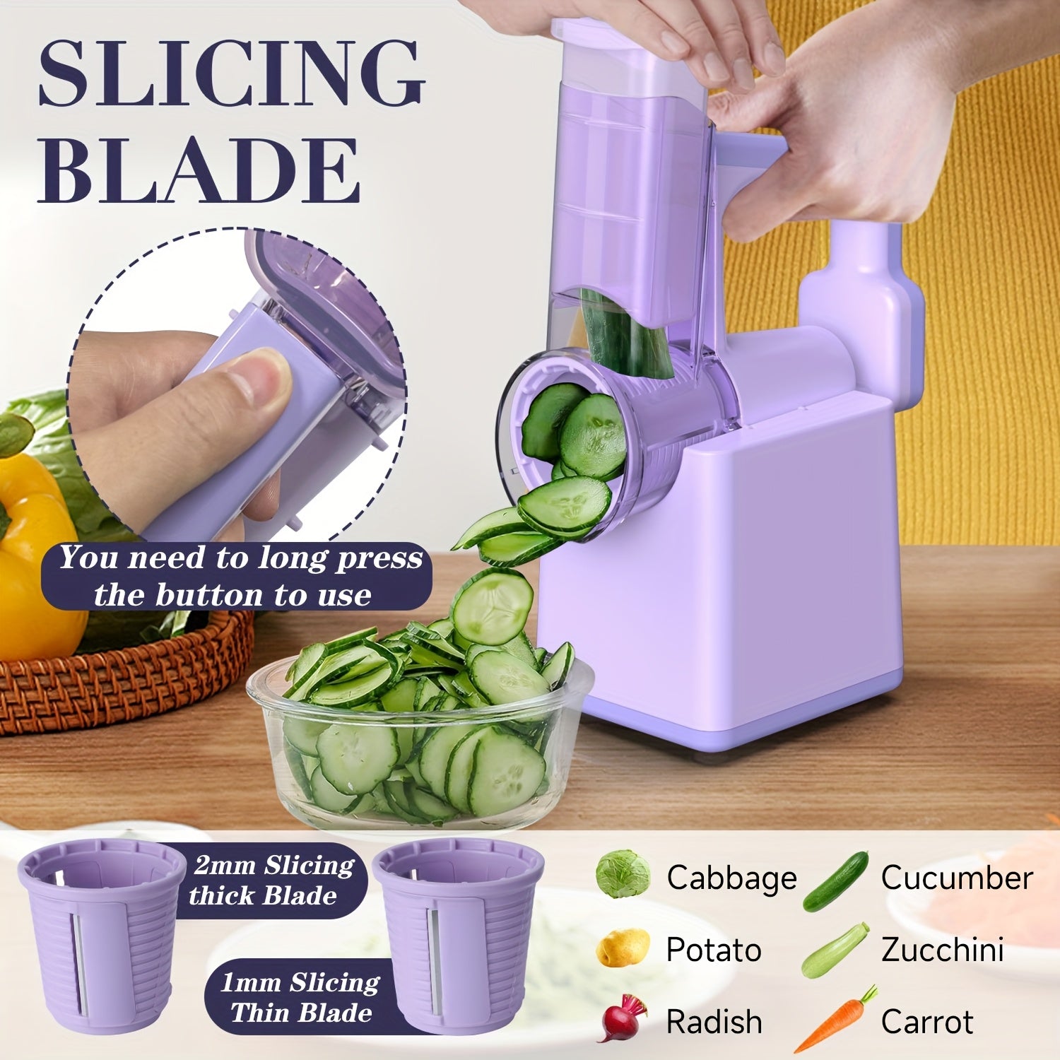 Vegetable Chopper with 3 Blades USB Rechargeable for Kitchen Camping Home