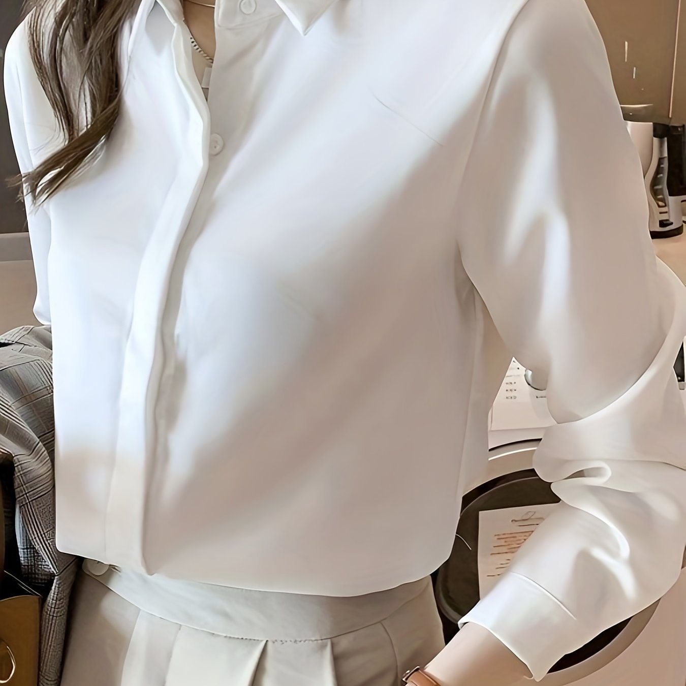 Women's Polyester Long Sleeve Blouse Solid Color Lapel Collar Non-Stretch Woven Professional Style