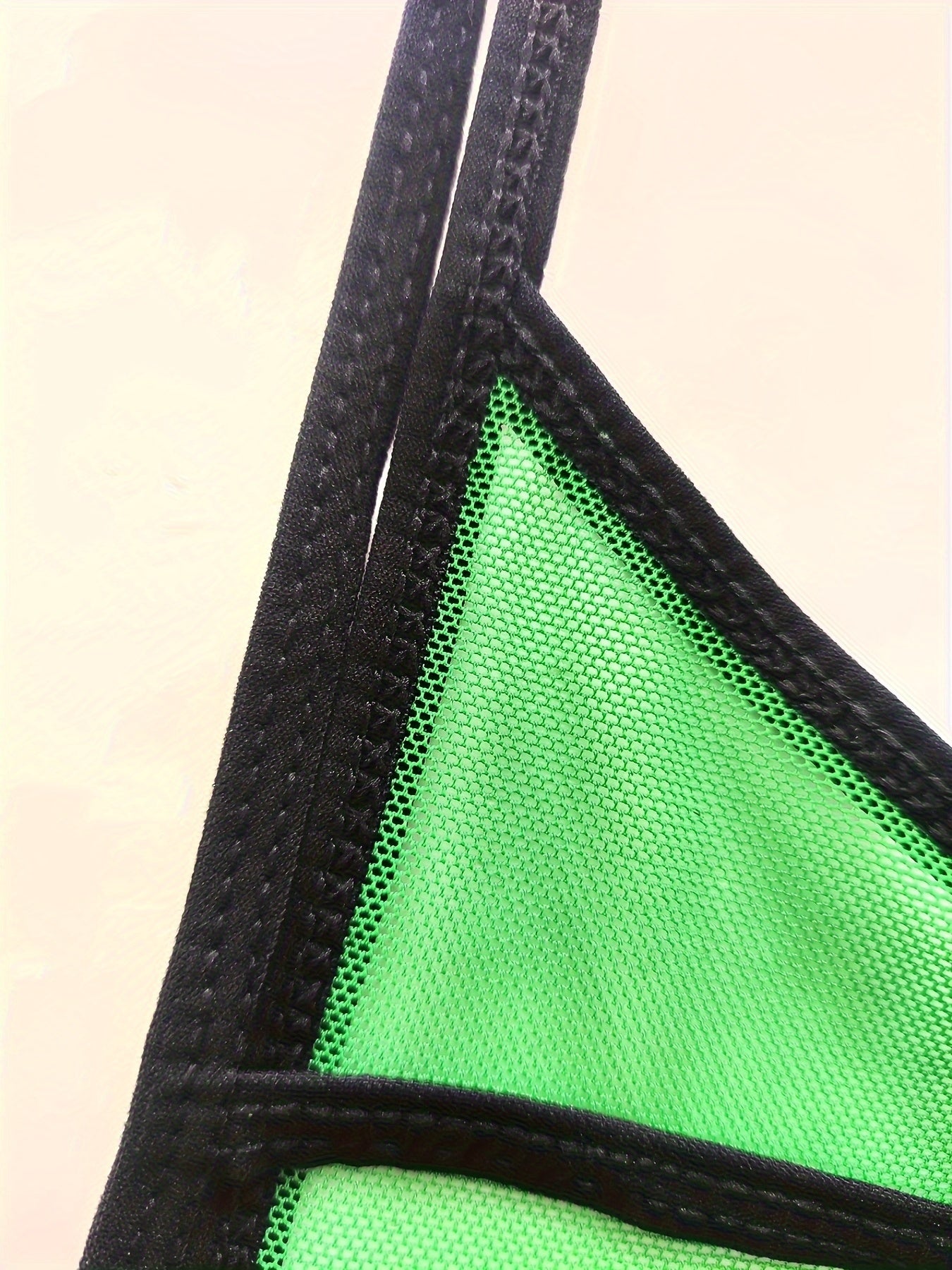 Mesh Bikini Lingerie Set with Green Triangle Trim and Adjustable Straps