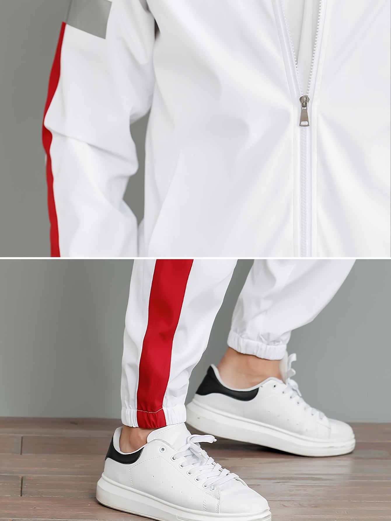 Men's Black and White Striped Polyester Sportswear Set with Reflective Accents for Spring and Fall