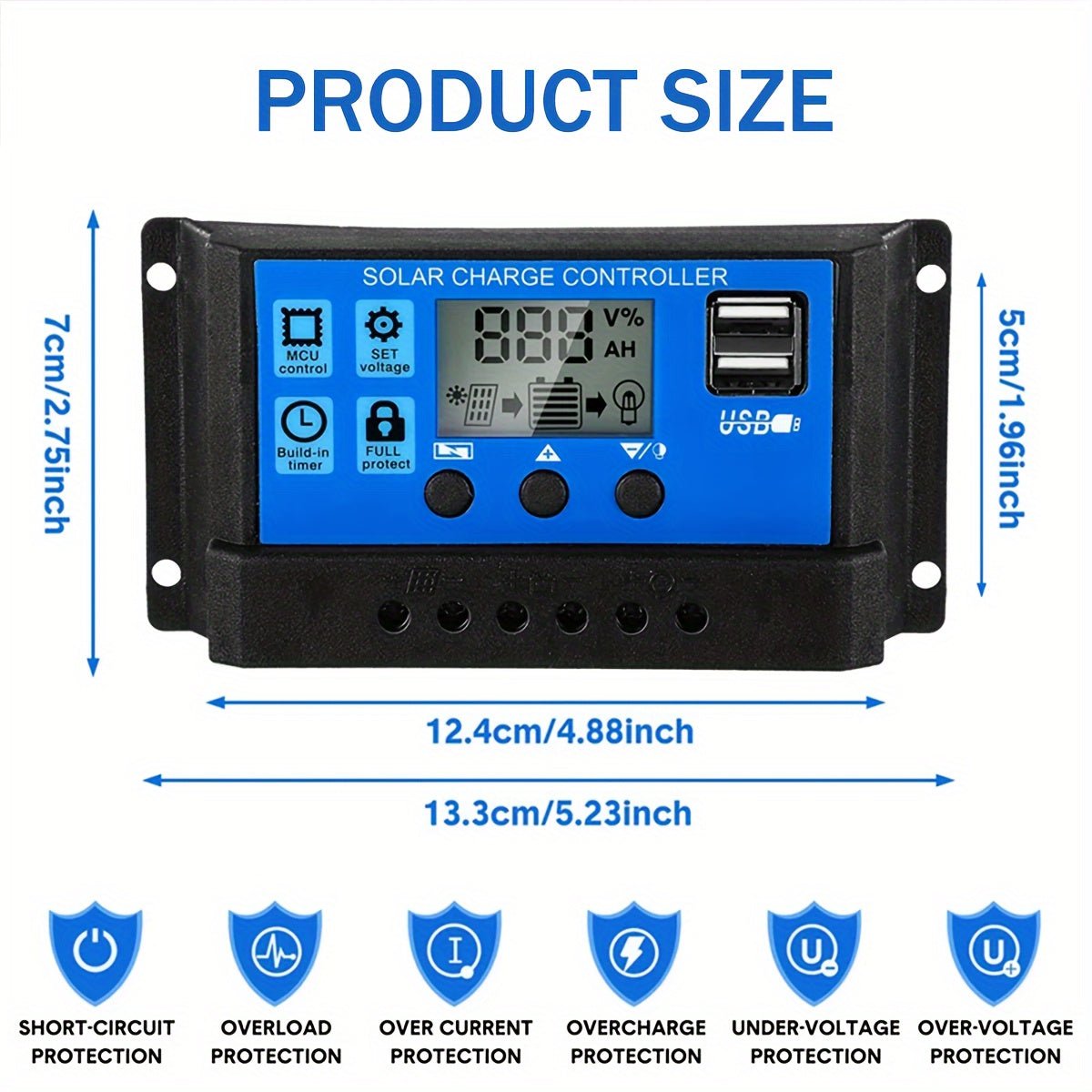 Controlador de carga solar de alta potencia con pantalla LCD, puertos USB y temporizador automático para sistemas de 12V y 24V