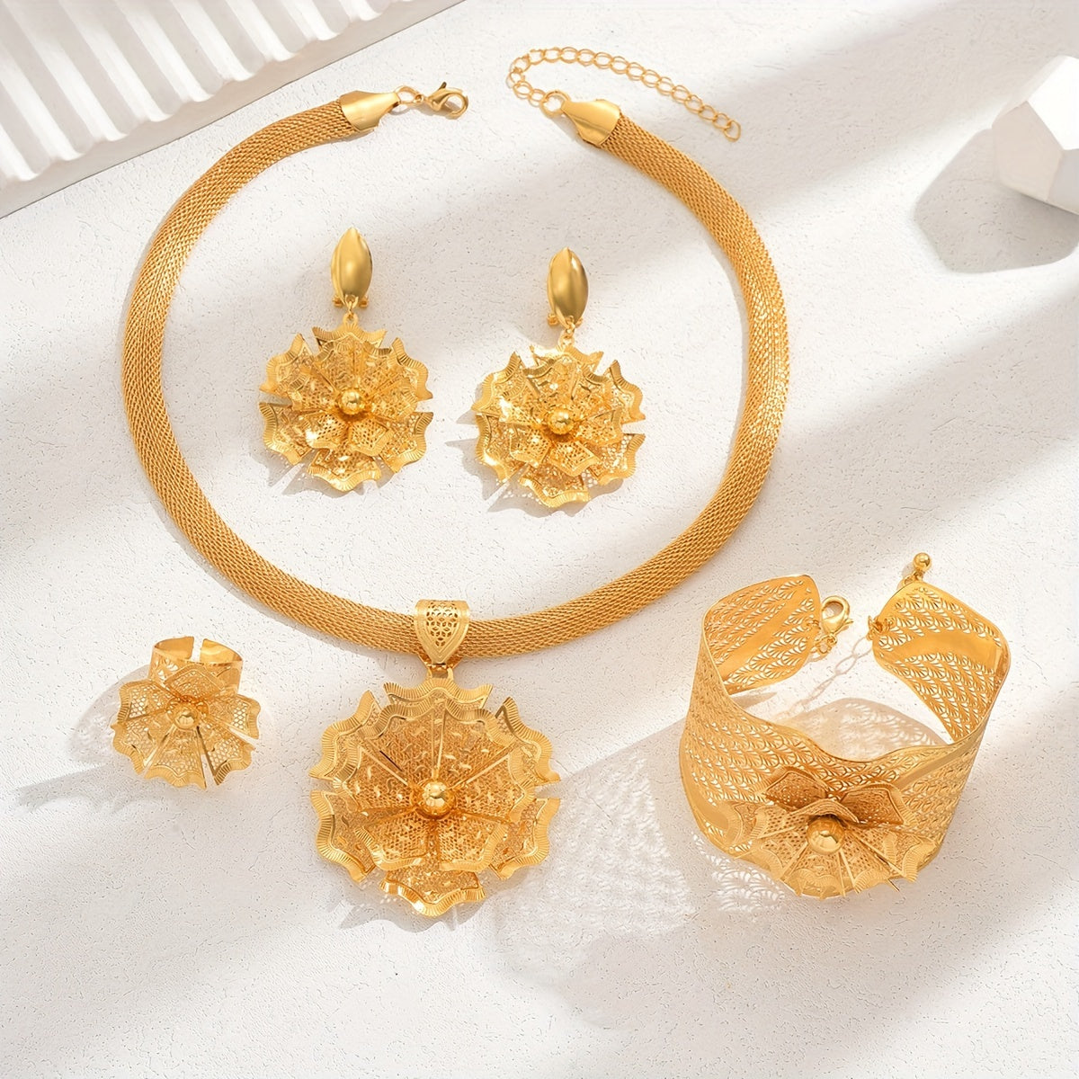 Gold Bridal Jewelry Set with Flowers Bracelets Rings Earrings Necklaces for Weddings