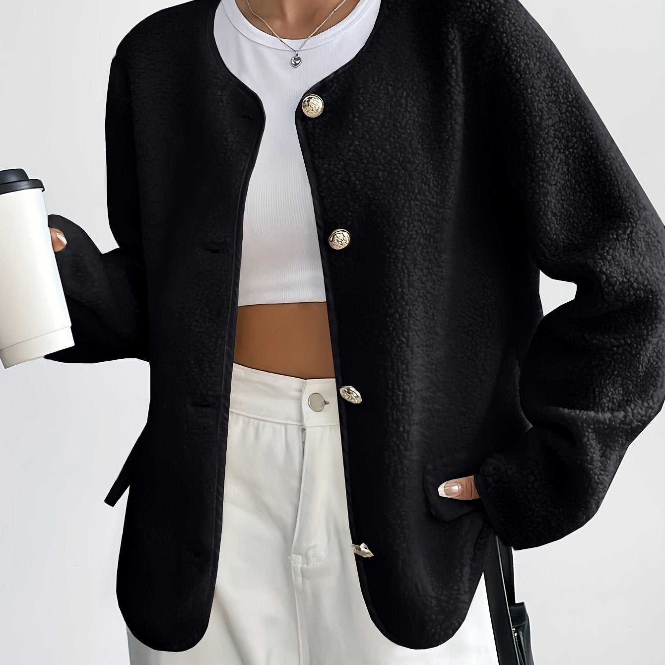 Chaqueta de poliéster para mujer de cuello redondo, de color sólido, con botones, para otoño e invierno, tejido no elástico