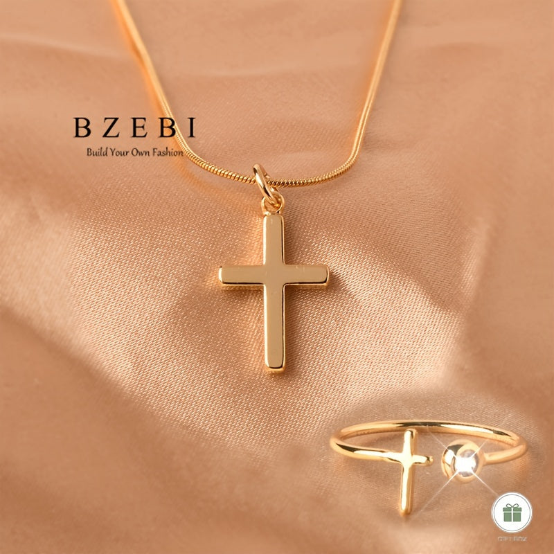 Women's Gold-Plated Zirconia Cross Jewelry Set Necklace and Ring Gift Box