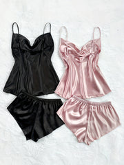 Women's Satin Pajama Set 2 Pieces Solid Color Summer Nightwear Backless Cami Top Shorts