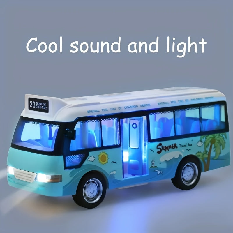 Friction-Powered School Bus Toy with Lights and Sounds for Kids Ages 3+ Sky Blue Pink Diecast Plastic