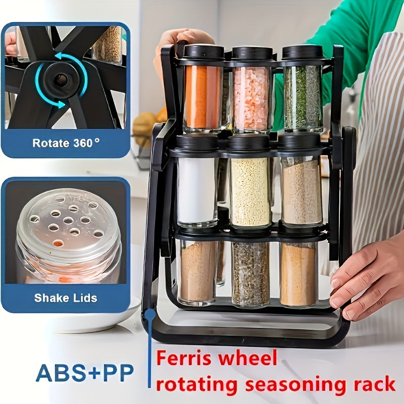 ABS Plastic Spice Rack Set with 18 Jars 360° Rotating Ferris Wheel Moisture-Proof Kitchen Organizer