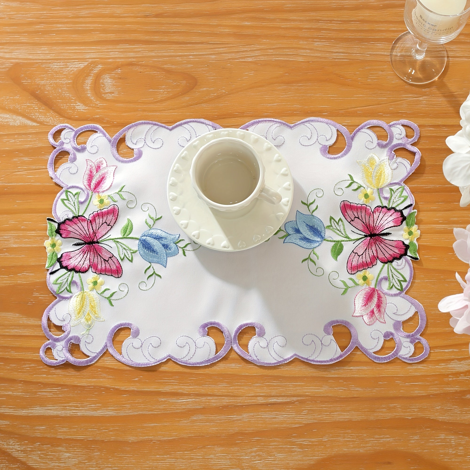 Polyester Table Runner with Butterfly and Flower Embroidery for Home Party Decor
