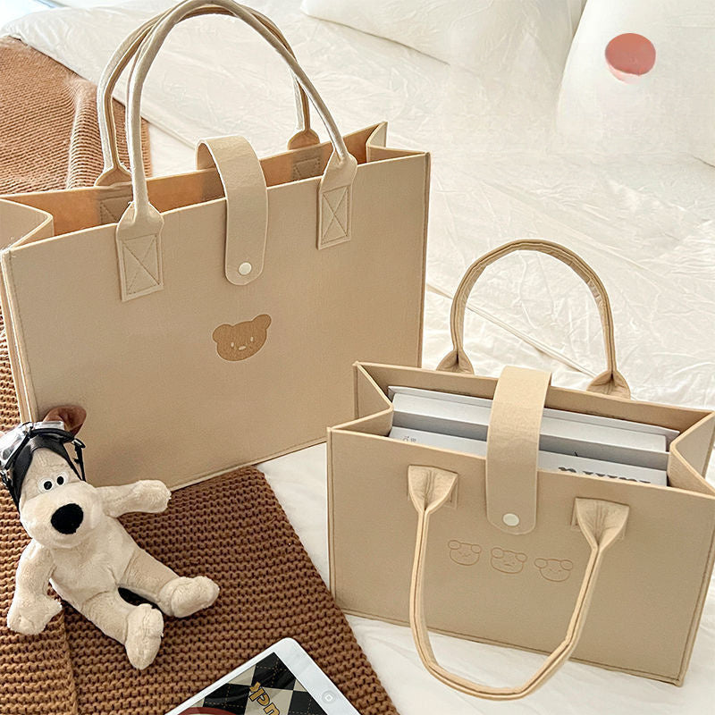 Beige Felt Tote Bag with Bear Design for Girls Spacious Shoulder Handbag for Shopping and Daily Use
