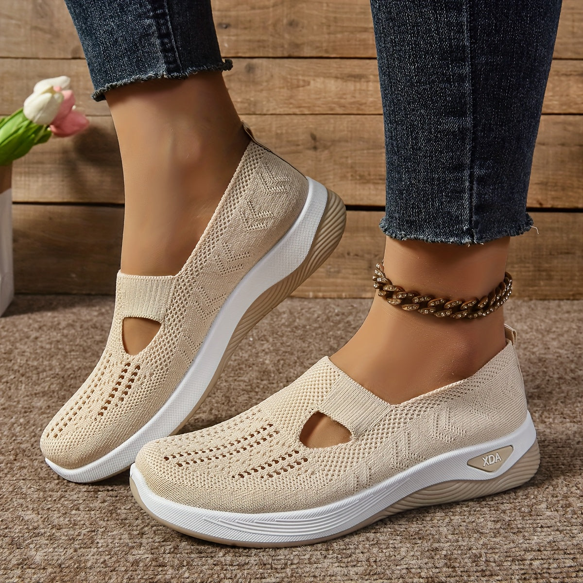 Ayollar uchun slip-on sport poyabzali, engil, nafas oladigan, trikotaj, kundalik kiyimlar uchun, turli ranglarda