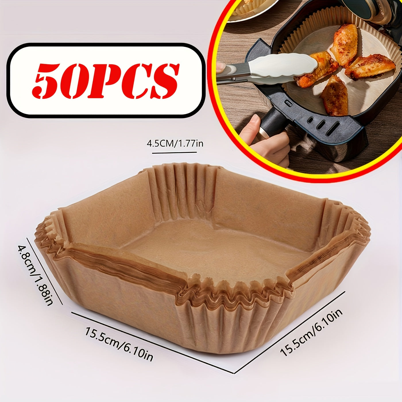 Havo fritözlari uchun bir martalik parcha qog'oz qoplamalari, kvadrat shaklida, yog' va suvga chidamli, yopishmaydigan savatlar uchun mo'ljallangan.