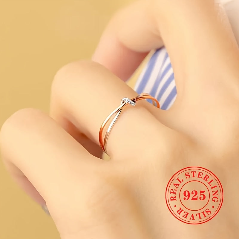 Sterling Silver Twist Band Ring with Zirconia Inlay for Women