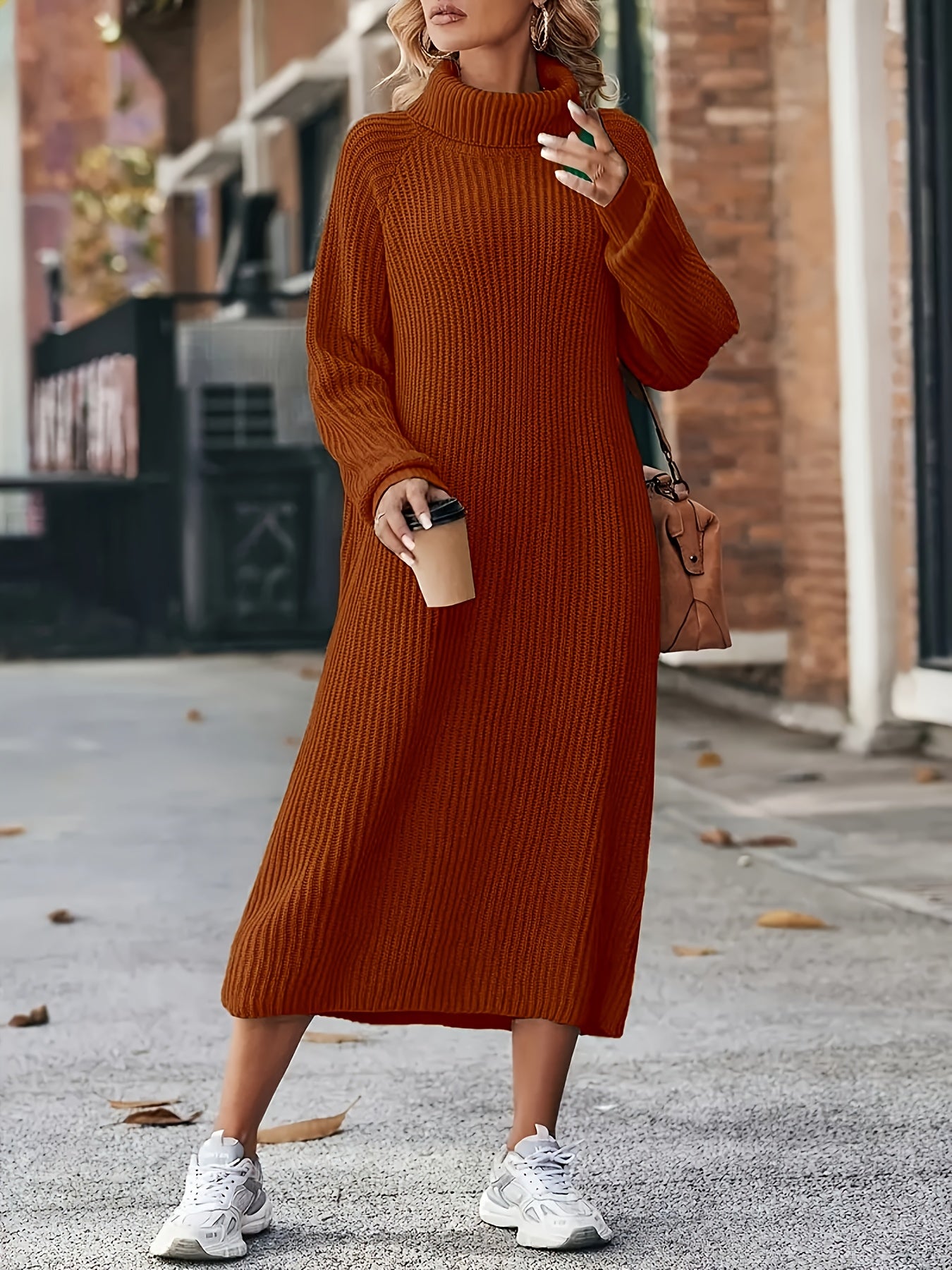 Women's Knitted Dress Oversized High Neck Solid Color Winter Casual