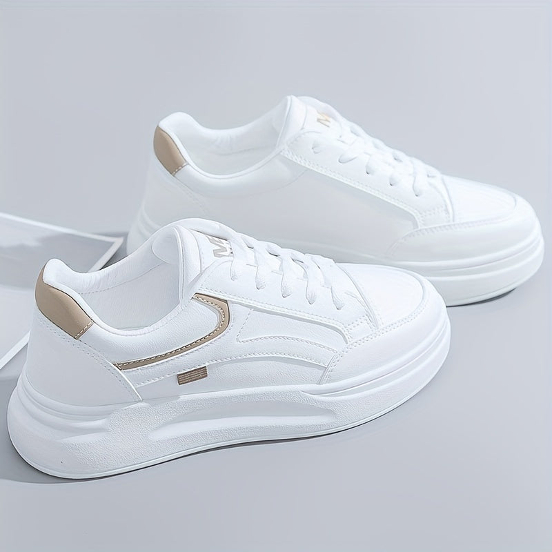 Women's Lightweight Solid Color Leather-Style Flat Sneakers for Leisure Running and Walking