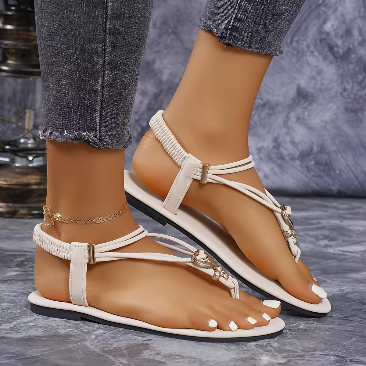 Women's Summer Thong Sandals with Elastic Ankle Straps Flat Beach Shoes