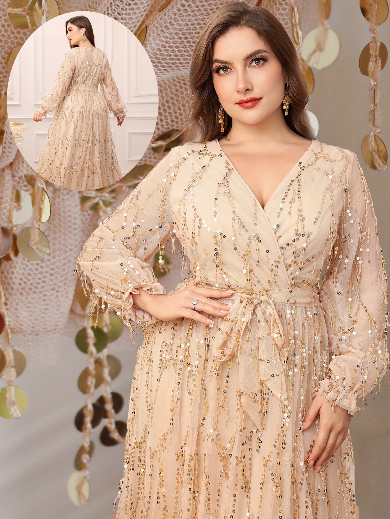 Vestido formal de noche para mujer de tallas grandes, con escote en V, lentejuelas y flecos, para promesas y damas de honor