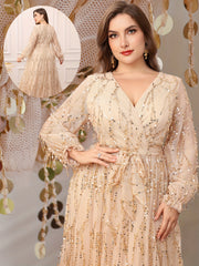 Plus Size Women's Black V-Neck Sequin Fringe Formal Gown for Prom Bridesmaids