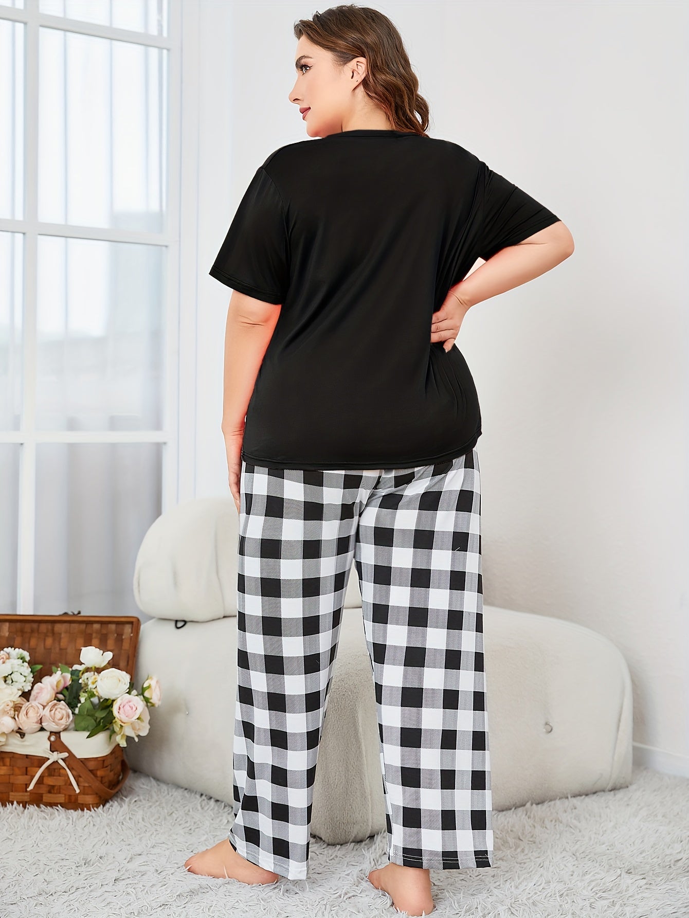 Plus Size Casual Loungewear Set Women's Short Sleeve Top Gingham Pants