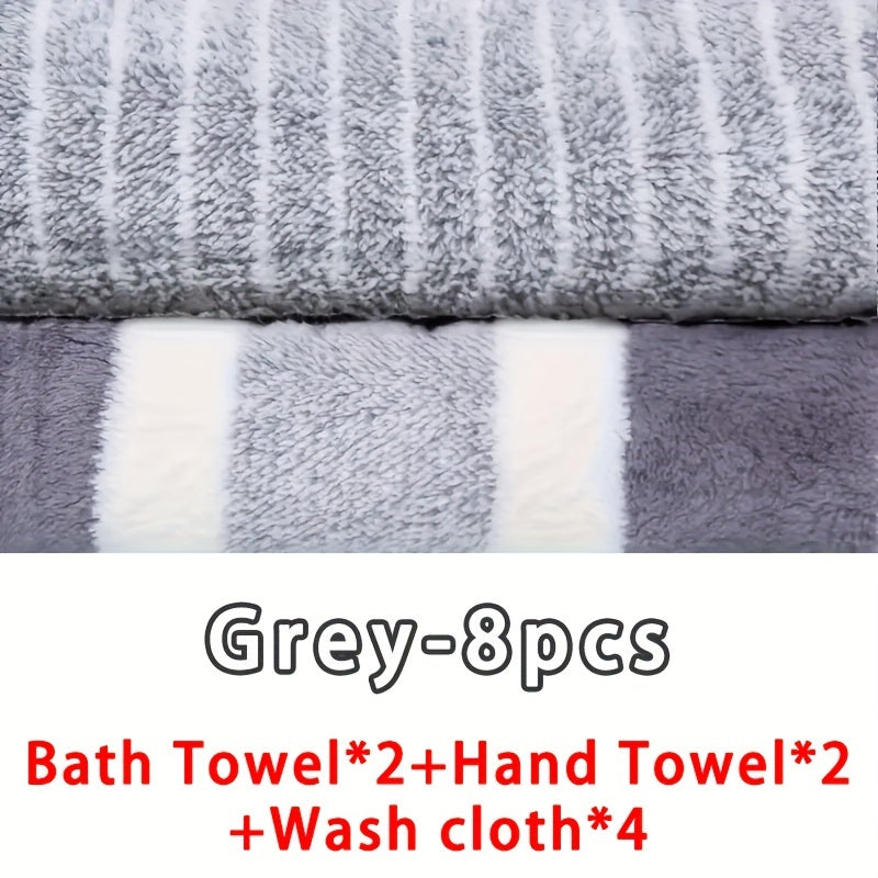 8-Piece Striped Microfiber Towel Set Bath Hand Washcloths Quick-Drying Absorbent