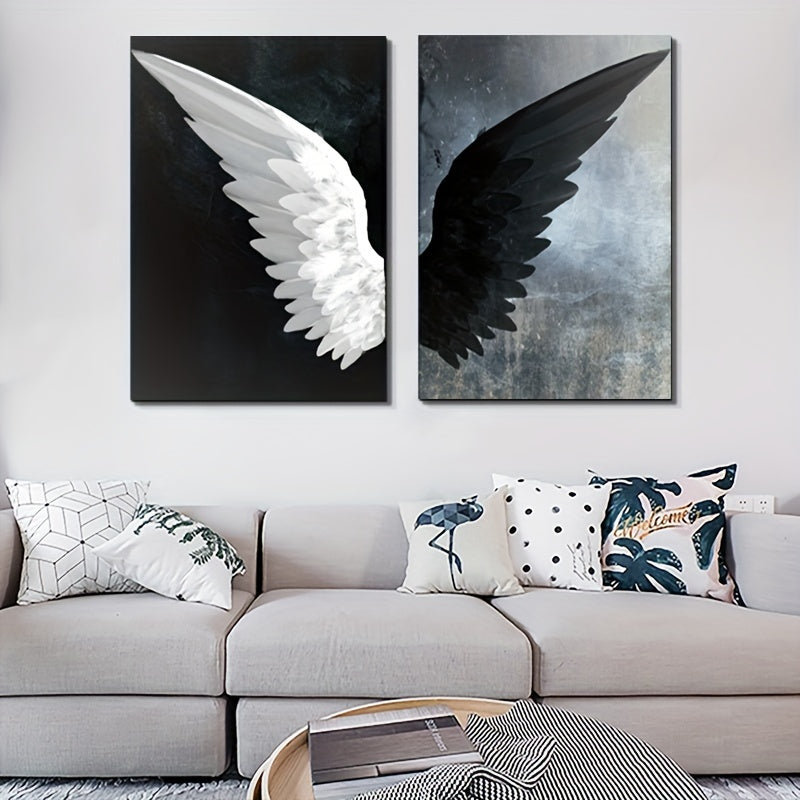 Set of Two Black and White Angel Wings Canvas Wall Art Prints for Living Room Bedroom Office